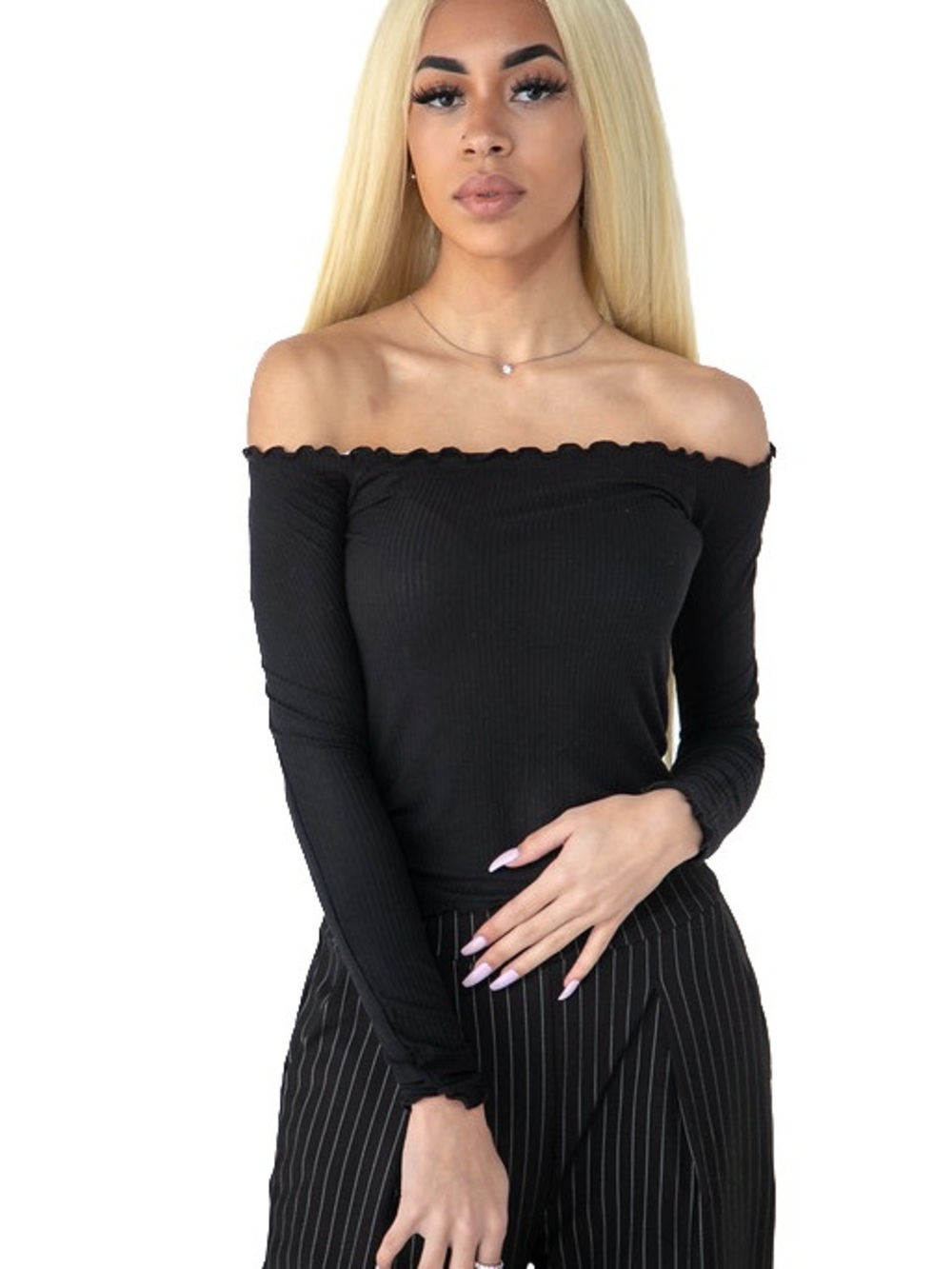 Off-Shoulder Long Sleeve Ribbed Shirt - Black
